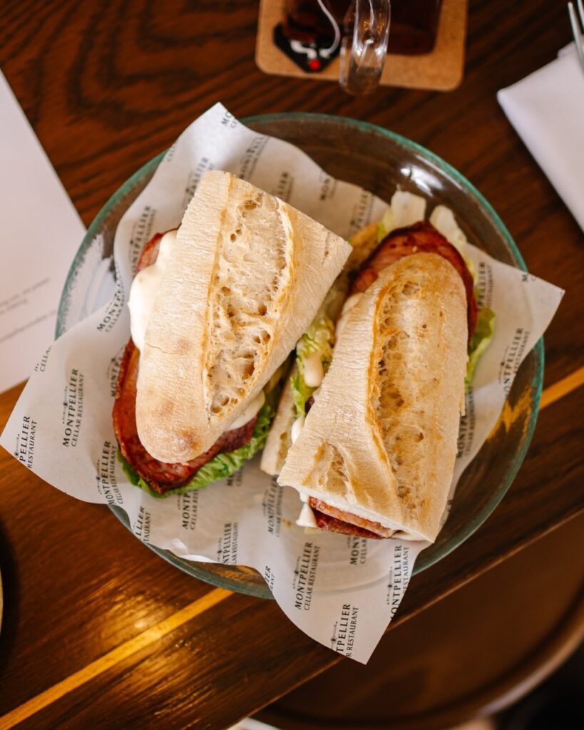 bacon lettuce and tomato on a sourdough baguette from the montpellier wine bar breakfast menu