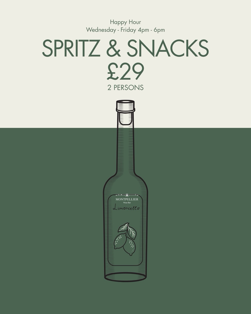 http://Beige%20and%20green%20poster%20with%20a%20lemoncello%20bottle%20and%20spritz%20and%20snacks%20title.