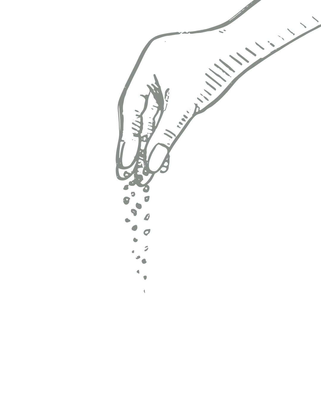 Stylized outline of a hand releasing small particles downward from the fingertips