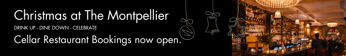 Banner for Christmas at The Montpellier: 'Cellar Restaurant Bookings now open' with a warmly lit bar interior on the right.