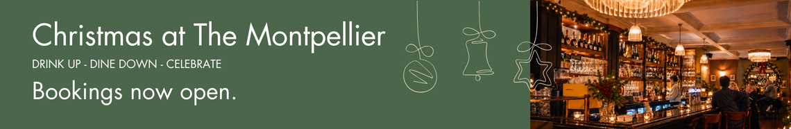 Promotion banner: 'Christmas at The Montpellier' with a festive, bartender-filled bar on the right and booking info left-side.